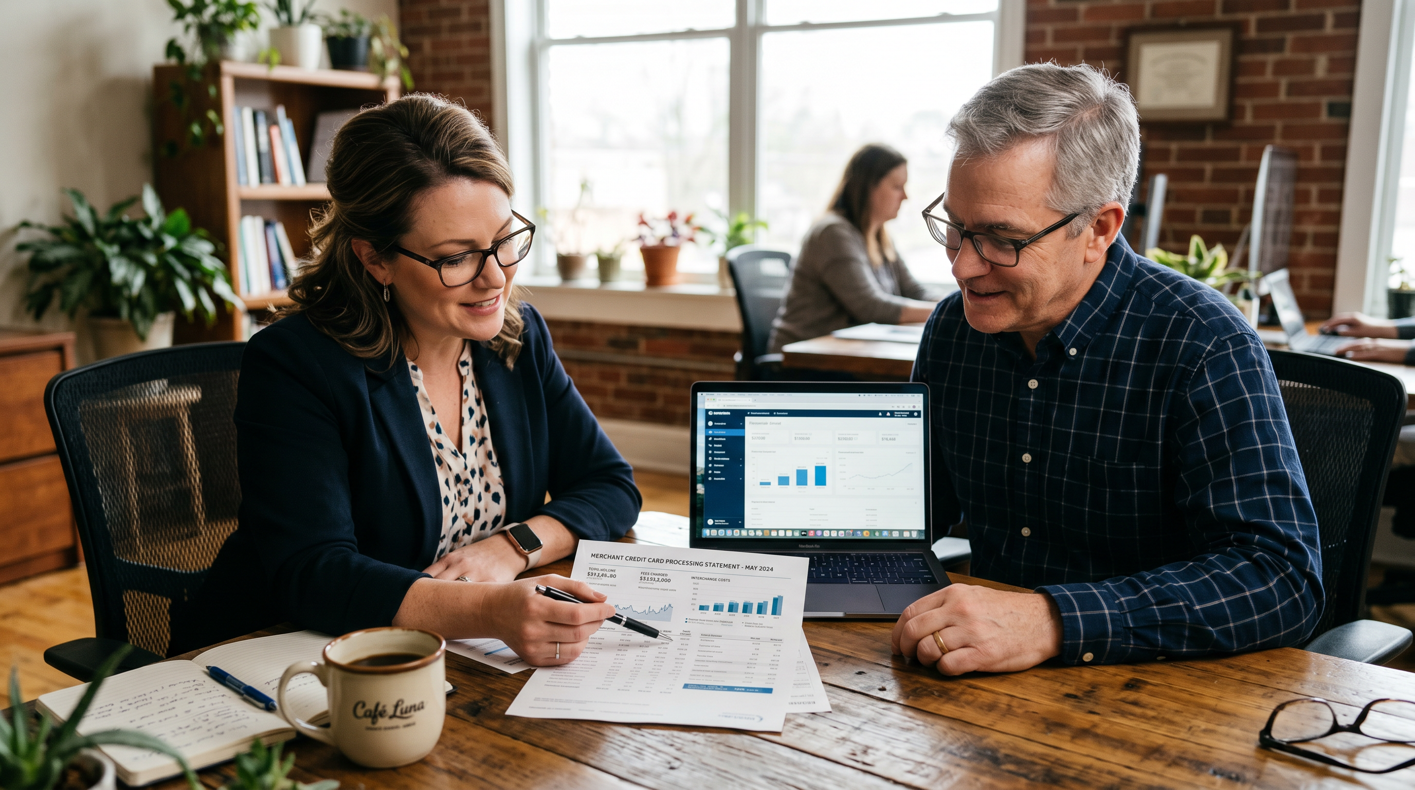 Business consultant reviewing a merchant processing statement with a business owner